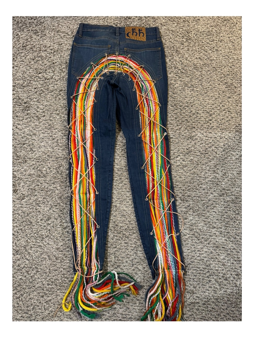 Dark Blue Skinny Jeans with Multicolor Yarn Laces